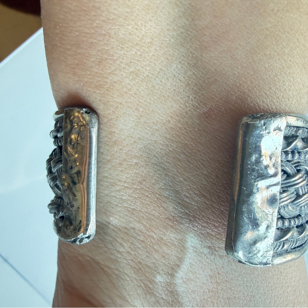 Braided Silvertone Wide Cuff Bracelet Tribal Ethnic Boho Statement Vintage Tibet - Picture 12 of 13